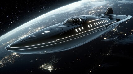 Obraz premium Giant interplanetary explorers orbiting Earth, and aerodynamic designs background wallpaper AI generated image