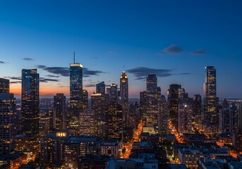 Fototapeta premium Horizontal city skyline at dusk featuring modern towers with lights 