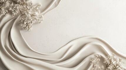 White luxury flowing fabric sculpture with floral details for fashion design concept minimal soft artistic background