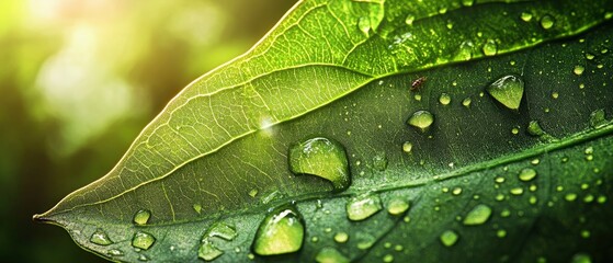 Fototapeta premium An ultra-detailed close-up of a massive Amazonian leaf in Brazil, covered in glistening droplets of morning dew