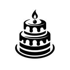 Black and White Birthday Cake Icon with Candle - Vector Illustration