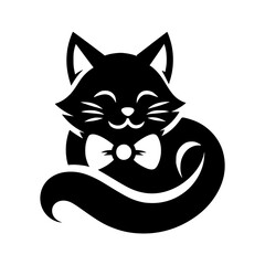 Smiling Black Cat with Bow Tie: Minimalist Icon
