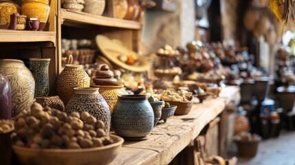 Naklejka premium Ceramic pots and spices on market stall for rustic food photography cultural lifestyle traditional handmade artisan