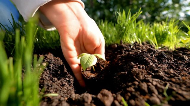 Child's hand gently planting a tiny new seedling representing hope and environmental care against a soil and grass background