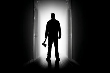 Obraz premium Silhouette Of Man With Axe In Dark Hallway - A shadowy figure, axe in hand, stands at the end of a dimly lit corridor. The symbolizes mystery, suspense, threat, danger, and darkness