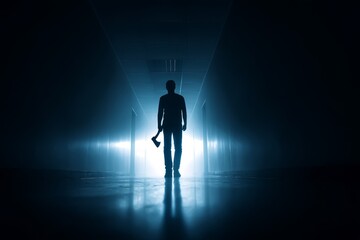 Silhouette Of Man With Axe In Dark Hallway - A lone figure, shrouded in shadow, walks down a dark corridor, axe in hand. Mystery, suspense, danger, isolation, and dread are palpable