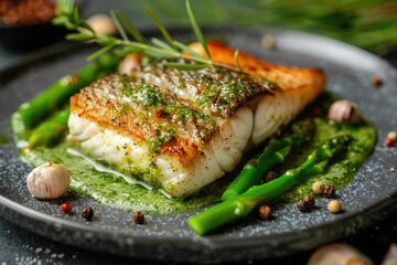 Mediterranean-style baked cod fillet with almond crust served in plate, paired with green asparagus, a flavorful light fish dish seasoned with lemon, garlic, and parsley