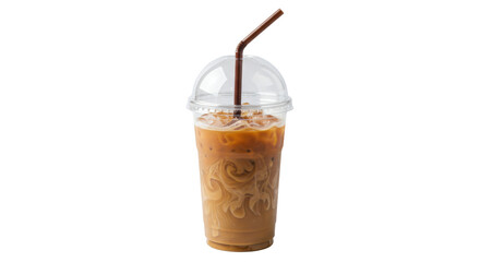 Iced coffee in a clear plastic cup with a metal straw sitting on a white surface in a studio shot