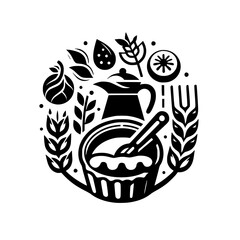 Kitchen Illustration: Minimalist Food & Beverage Icon, Circle Arrangement, Black & White.