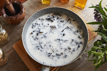 Cooled homemade comfrey root ointment in a pan before straining