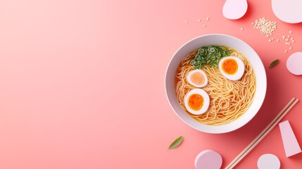 Ramen Bowl with Eggs on Pink Background, food , asian cuisine