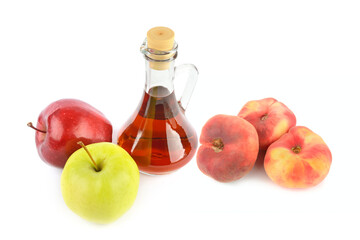 Apples, peaches and fruit juice in a jug isolated on white. Collage.