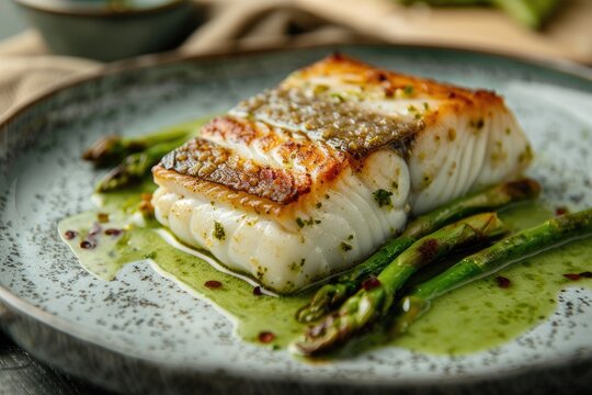 Herb and almond encrusted cod fillet served in plate with tender asparagus spears, finished with garlic and lemon zest, a wholesome mediterranean-inspired protein-rich seafood dinner