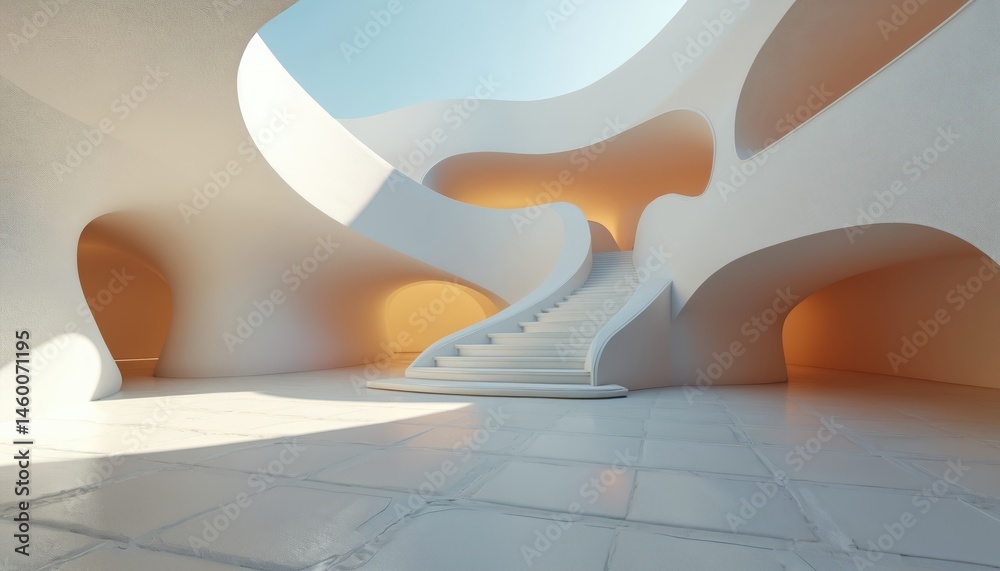 Aufkleber modern futuristic architecture design 3d render with curved walls, stairs, daylight, empty space. mi