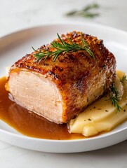 Plate of food, specifically a piece of pork tenderloin. the pork is cooked to a golden brown color and has a crispy texture on top.