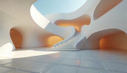 Modern futuristic architecture design 3d render with curved walls, stairs, daylight, empty space. Minimalist interior background for creative design, real estate, construction, building.