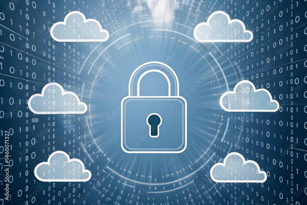 Poster secure cloud computing padlock and cloud icons on digital binary background