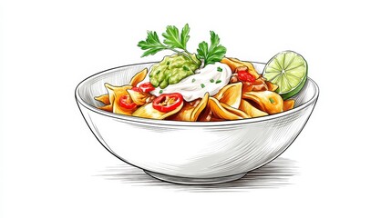 Sketch of Tasty Taco Pasta Bowl - A delicious sketch of taco pasta in a bowl, topped with sour cream, guacamole, and a lime wedge. Symbolizing: Mexican cuisine, comfort food, delicious meal