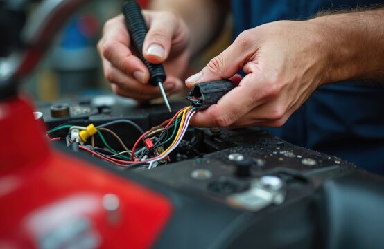 Mechanic repairs ATV electrical system. Hands of a man connect wires in car workshop. Repairman working on automotive tech. Automobile diagnostics service, checking auto parts.
