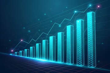 Rising teal graph lines connect glowing data points across transparent geometric grid bars