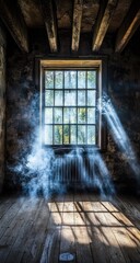 Sunlight streams through a window in an old, dusty room