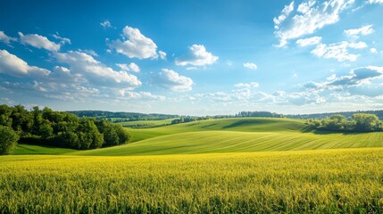 Fototapeta premium Rolling fields and bright blue sky create a peaceful countryside landscape in the heart of nature