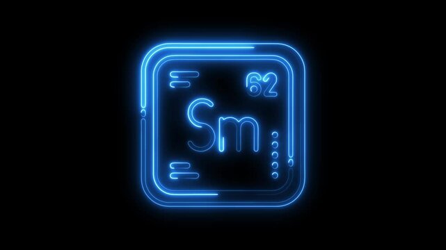 Neon element tile samarium with atomic number sixtytwo on black background