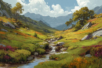 Serene mountain valley scene, stream flowing through green grass and wildflowers,  rocky slopes, and distant mountains under a partly cloudy sky, conveying tranquility and natural beauty