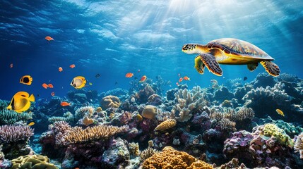 Fototapeta premium An ultra-realistic, high-definition daytime photograph of the Great Barrier Reef, capturing the vibrant underwater world
