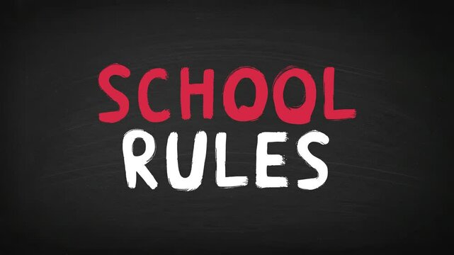Animated text "School Rules" written in a playful handwritten style on a chalkboard background. Perfect for classroom introductions, school guidelines, or behavior reminders.