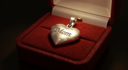 Photorealistic silver pendant in heart shape engraved with “Mom,” velvet box background, close-up shot with soft spotlight, elegant and shiny 