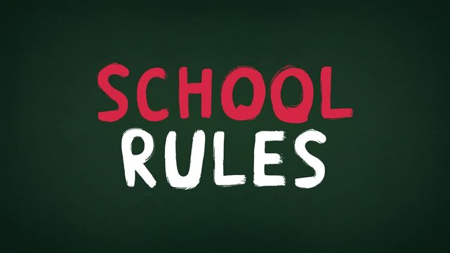Animated text "School Rules" written in a playful handwritten style on a chalkboard background. Perfect for classroom introductions, school guidelines, or behavior reminders.