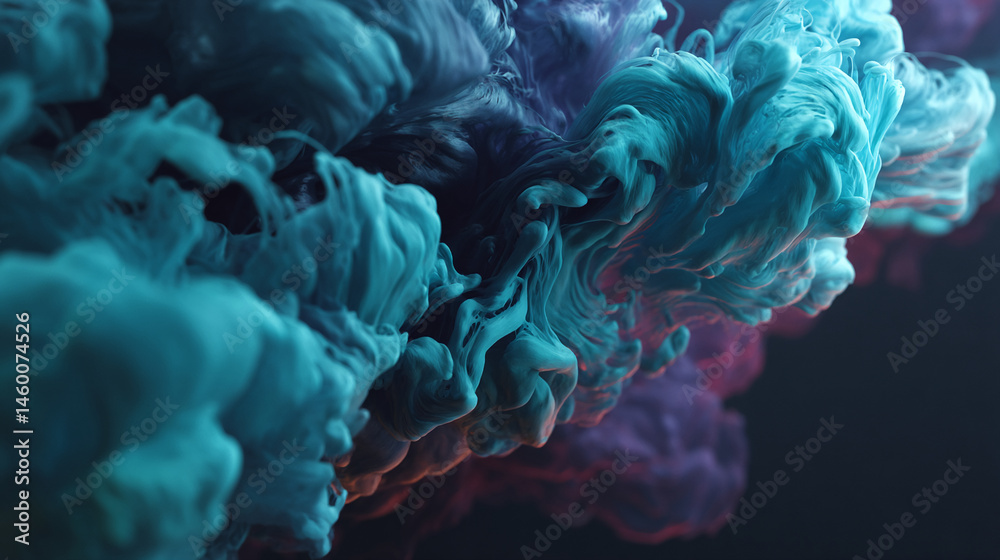 Poster Abstract image of teal and purple ink swirling in water, creating dynamic, flowing forms.  Represents fluidity, movement, and abstract art, ideal for design or artistic concepts