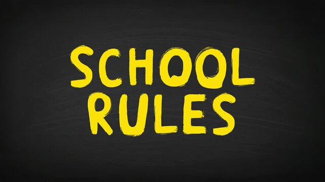 Animated text "School Rules" written in a playful handwritten style on a chalkboard background. Perfect for classroom introductions, school guidelines, or behavior reminders.