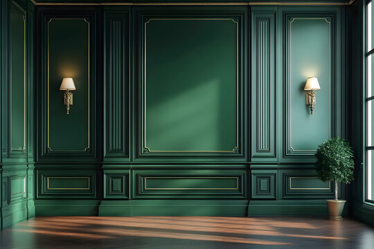 Green classic interior with blank wall, panel, and moldings. sketch. Generative AI