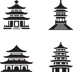 Chinese pagodas silhouette set vector illustration isolated On Transparent Background