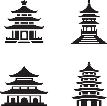 Chinese pagodas silhouette set vector illustration isolated On Transparent Background