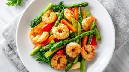 Stir Fried Shrimp with Assorted Vegetables - A vibrant and healthy stir-fry featuring succulent shrimp, tender asparagus, broccoli, carrots, and bell peppers. A delicious, nutritious