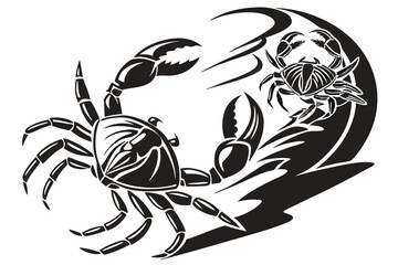 71 Black and white illustration, silhouette of a crab, detailed claws, symmetrical design, high contrast, bold lines, graphic style, marine life artwork, tattoo-inspired, monochrome, striking shadows,
