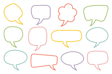 Hand drawn speech bubbles set. Editable Stroke. Colorful outline dialog balloons for messages, comics, chat or sticker design. Doodle cartoon style empty text frames. Illustration for kids fun design.