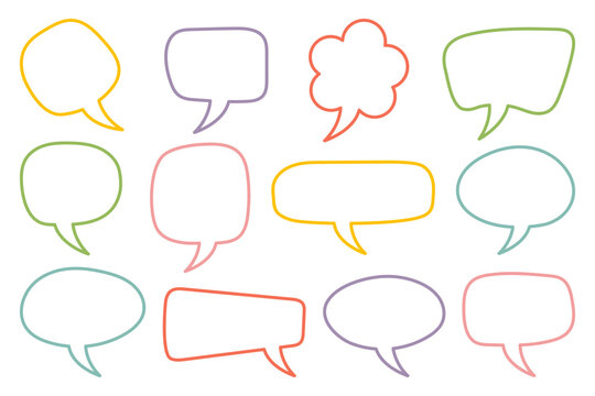 Hand drawn speech bubbles set. Editable Stroke. Colorful outline dialog balloons for messages, comics, chat or sticker design. Doodle cartoon style empty text frames. Illustration for kids fun design.