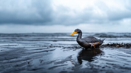 Fototapeta premium Black-feathered Bird Wading in Wet Sand at Shore Under Overcast Sky