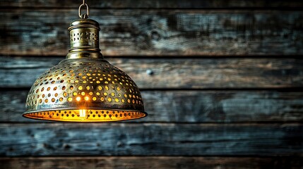Antique metal pendant light illuminating a rustic wooden wall