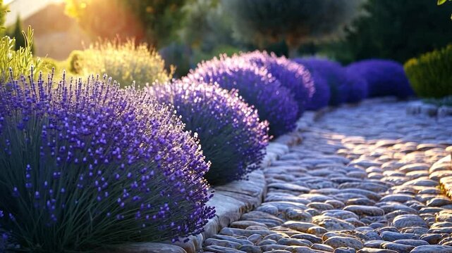 Sunlit lavender bushes line a stone path.