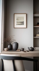 Still life featuring vases, teaware, and artwork in a serene setting.