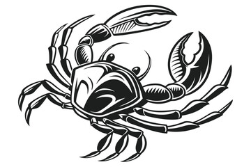 71 Black and white illustration, silhouette of a crab, detailed claws, symmetrical design, high contrast, bold lines, graphic style, marine life artwork, tattoo-inspired, monochrome, striking shadows,