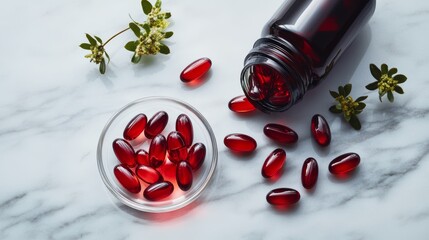 Elegant flat lay showcasing natural krill oil supplements arranged on marble background