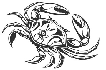 71 Black and white illustration, silhouette of a crab, detailed claws, symmetrical design, high contrast, bold lines, graphic style, marine life artwork, tattoo-inspired, monochrome, striking shadows,