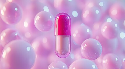 Pink capsule medicine levitating in a soft pink bubble background