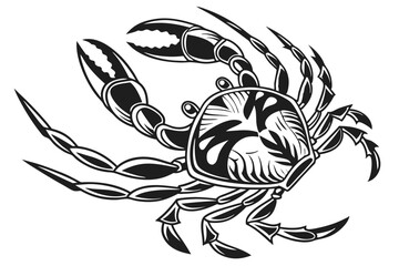 71 Black and white illustration, silhouette of a crab, detailed claws, symmetrical design, high contrast, bold lines, graphic style, marine life artwork, tattoo-inspired, monochrome, striking shadows,